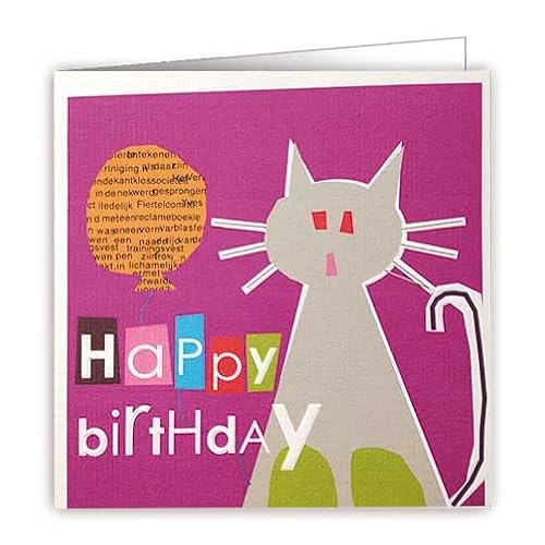 Quire Red Sparkle Card Happy Birthday Cat with Balloon von Quire Collections