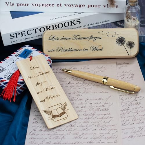 QuirkLz Kugelschreiber mit Gravur & Lesezeichen Holz – Geschenkset Gravur pusteblume und Motivationssprüchen – Für Kollegen, Familie, Azubi – kugelschreiber personalisiert geschenke von QuirkLz
