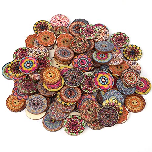 Qukaim Dekorative Knöpfe im Vintage-Stil, Holzknöpfe, 25 mm, rund, dekorative Knöpfe mit 2 Löchern, für DIY, Nähen, Handwerk, gemischtes Muster, Nähzubehör, 100 Stück von Qukaim
