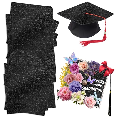 Qumenan 24 Blatt schwarzer Glitzer-Karton, blanko, Graduierungs-Kappenaufsatz, schimmernd, für Kappen, 22,9 x 22,9 cm, 250 g/m², für DIY-Dekorationen von Qumenan