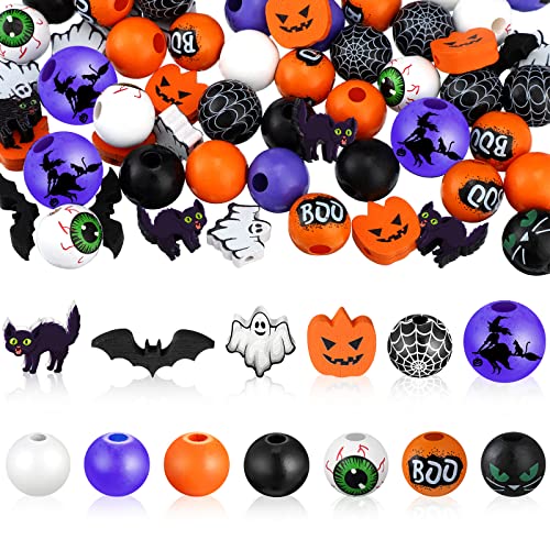 200 Stück Halloween bemalte Holzperlen 16 mm Halloween Holzperlen Geister Katzen Fledermäuse Kürbisse Runde Lose Abstandshalter Perlen für Halskette Ohrring Armband Schmuckherstellung Girlande Baum von Qunclay