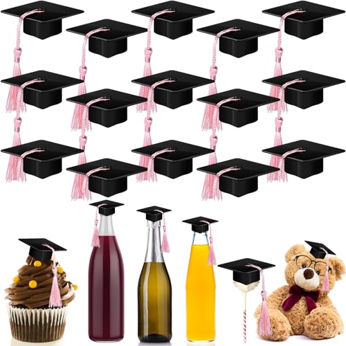 30 Stück Mini-Abschlusskappen aus Kunststoff, für Kuchen, Weinflaschen, Dekorationen für Abschlussfeiern, Party-Dekorationen (schwarz und rosa) von Qunclay