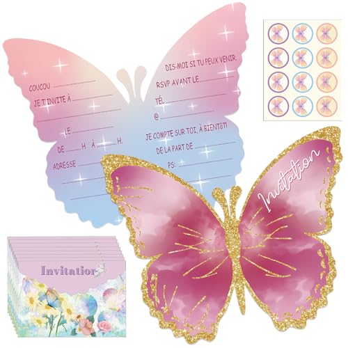 12 Stück Einladungskarten, Einladungskarten Flutter mit Umschlägen, Kindergeburtstag Mädchen Schmetterling Party Einladung, Themed Party Invitations Aufkleber, Einladungskarten Kindergeburtstag von Qunkun