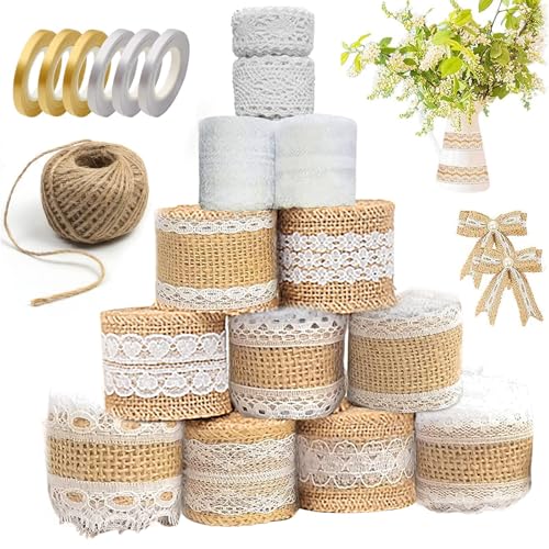 Juteband Spitzenband, 9 Roll Juteband mit Spitze + 4 Spitzenband weiß Vintage, Natürliche Spitzenband Weiß Vintage, Juteband Leinwand Band für DIY Handwerk Weihnachten Hochzeit Party Geschenkbox von Qunkun