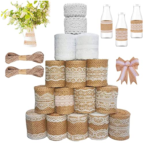 16 Roll Juteband Spitzenband, Jute Band Rolle mit Weisse Spitzen, Spitzen Band mit 20m JuteSchnur, Jute Band Rolle, Juteband mit Spitze für Geschenkverpackung, Handwerk Hochzeit, DIY Basteln von Qunkun