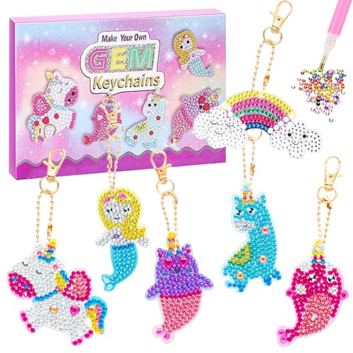 Basteln Mädchen, Einhorn Geschenke für Mädchen, 6-teiliges 5D Diamond Set für Kinder, Basteln Sie Ihre Eigenen Schlüsselanhänger, 5D-Diamant-Malen Nach Zahlen Kunstsets für Mädchen Kinder Kleinkinder von Qunkun