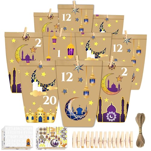 DIY Ramadan zum Befüllen, 30 Stück Eid Mubarak Geschenktüten, Ramadankalender zum Befüllen, Papiertüten, Geschenktüten Aufkleber, Klammern und Zwirn, Eid Mubarak zum Basteln und Verschenken von Qunkun