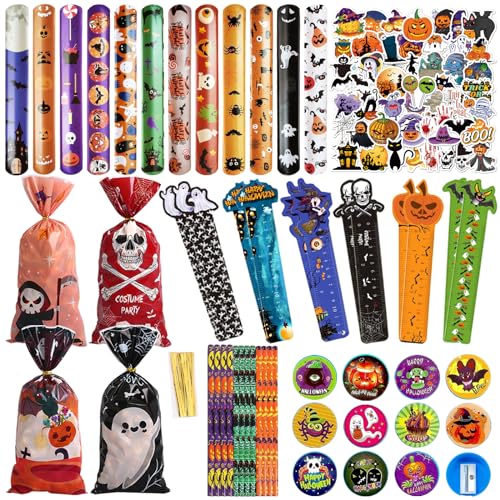 Halloween Schreibwaren Set, 110 Stück Halloween Mitgebsel Kinder, Halloween Party Mitgebsel, Halloween Schreibwaren Inklusive Bleistifte Lineale Slap Armbänder, Party Zubehör für Halloween Geschenk von Qunkun