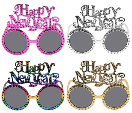 4 Paar Frohes Neues Jahr Brillen, 2024 Happy New Year Partybrillen, Silvester Deko, Glitzer Foto Requisiten Brille, Silvester Dekorationen Party Brille Neues Jahr für Silvester Party Dekoration von Qunkun