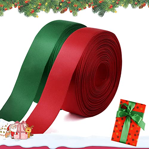 Weinachten Satinband Geschenkband Breit, 2 Rollen 25mm x 22m, Satinband Grün Rot Geschenkband Schleifenband Bänder, Schleifenband Weihnachten Stoffband zum Basteln Geschenk Verpackung von Qunkun