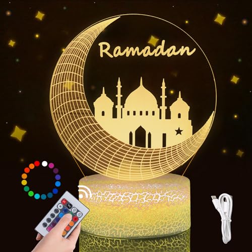 Ramadan Dekoration LED Lamp, Ramadan Deko, Eid Ramadan Dekorative Fee Licht, 16 Farben Ramadan Mondlampe Farbwechsellampe mit Fernbedienung, Eid Dekorationen Mond Stern Nachtlichter Eid Hauptdekor von Qunkun