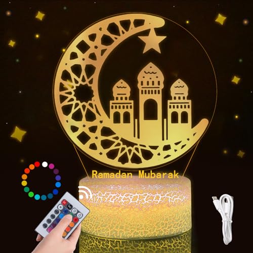 Ramadan Dekoration LED Lamp, Ramadan Deko, Eid Ramadan Dekorative Fee Licht, 16 Farben Ramadan Mondlampe Farbwechsellampe mit Fernbedienung, Eid Dekorationen Mond Stern Nachtlichter Eid Hauptdekor von Qunkun