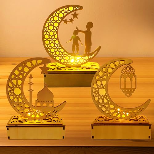 Ramadan Holz Lichter Dekoation, 3 Stück Ramadan Lampe LED Holz, Ramadan Dekoration, Mubarak Ramadan Lampe, DIY Eid Ramadan Fee Licht, Eid Mubarak Tischdekoration Mond Stern Nachtlichter Geschenke von Qunkun