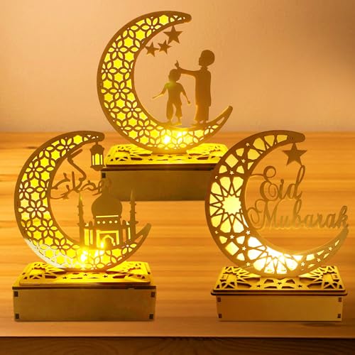 Ramadan Holz Lichter Dekoation, 3 Stück Ramadan Lampe LED Holz, Ramadan Dekoration, Mubarak Ramadan Lampe, DIY Eid Ramadan Fee Licht, Eid Mubarak Tischdekoration Mond Stern Nachtlichter Geschenke von Qunkun
