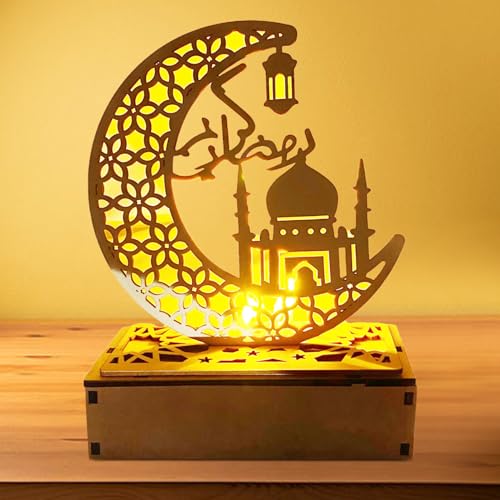 Ramadan Holz Lichter Dekoation, Ramadan Dekoration, Ramadan Lampe LED Holz, Mubarak Ramadan Lampe, DIY Eid Ramadan Fee Licht, DIY Eid Mubarak Tischdekoration Mond Stern Nachtlichter für Geschenke von Qunkun
