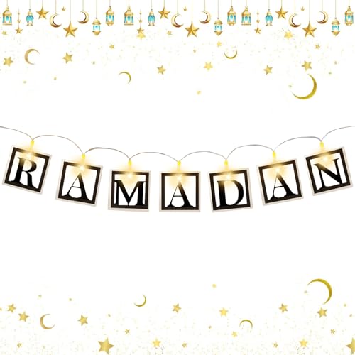 Ramadan LED Lichterkette, Ramadan Deko, Hölzerne Hohlbuchstaben Dekoration, Ramadan LED-Lichterkette Deko, Ramadan Hängelampe, Muslim Nachtlicht für Ramadan Eid Mubarak Heimdekoration Wohnkultur von Qunkun
