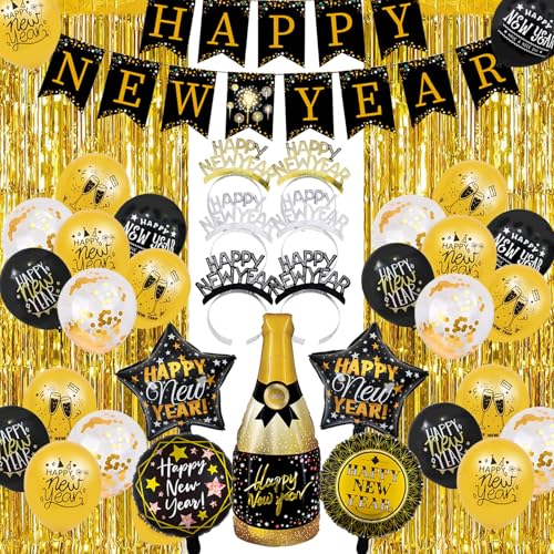 Silvester Deko, Silvester Dekoration 2025, 34PCS Neujahr Silvesterdeko, Happy New Year Banner, Silvester Luftballon, Party Krachmacher, Silvester Haarreifen, Silvester Accessoire für Silvester Party von Qunkun