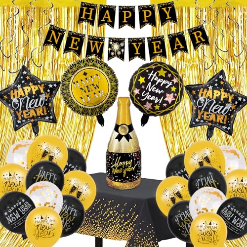 Silvester Deko 2025, Happy New Year Dekorationen Gold, XXL Silvester Party Dekoration, Neujahr Deko, Silvester Luftballon Dekorationen , Neujahrsdeko, Luftballon Deko für Silvesterparty von Qunkun