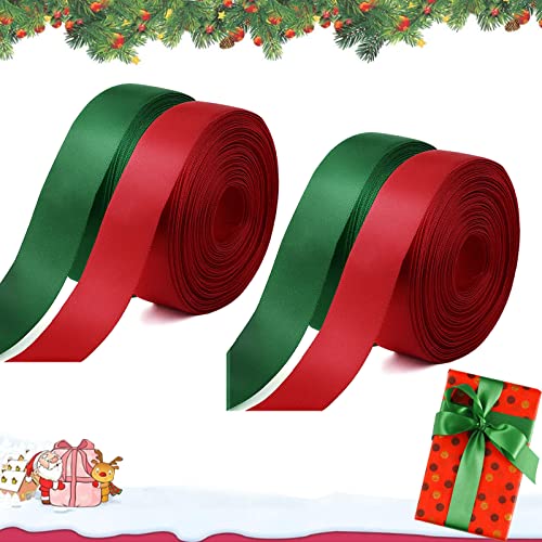 Weinachten Satinband Geschenkband Breit, 4 Rollen 25mm x 22m, Satinband Grün Rot Geschenkband Schleifenband Bänder, Schleifenband Weihnachten Stoffband zum Basteln Geschenk Verpackung von Qunkun