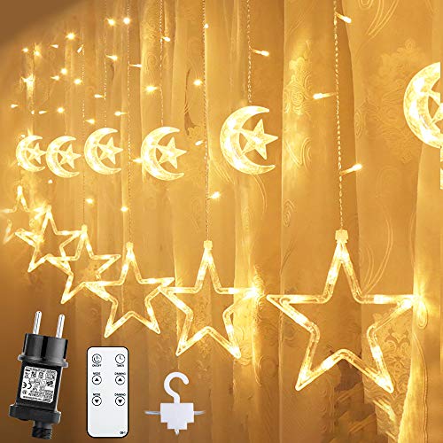 Quntis 138 LEDs 2m 12 Mond Sterne Lichtervorhang mit Haken Timer Dimmbar Fernbedienung, 8 Modi Lichterkette Warmweiß mit Stecker Innen Außen, Deko Weihnachtsbeleuchtung Quntis 138 LEDs 2m 12 Mond Sterne Lichtervorhang mit Haken Timer Dimmbar Fernbedienung, 8 Modi Lichterkette Warmweiß mit Stecker Innen Außen, Deko Weihnachtsbeleuchtung von Quntis