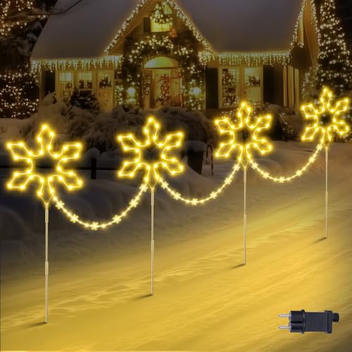 Quntis 176 LED Weihnachtsdeko Außen mit Erdspieß, 4 große Schneeflocken Gartendeko mit Timer, IP65 wasserdichte Weihnachtsbeleuchtung Outdoor Warmweiß, Strombetriebener Gartenstecker Hof Weg Balkon von Quntis