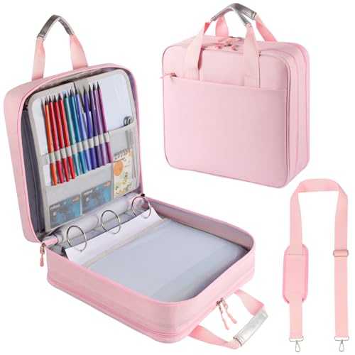 Reißverschlussbuch mit 3 Ringen mit Schultergurt, 5,1 cm O-Ringe, 500 Blatt Kapazität, Trapperhalter für Schule und Büro, Ordnertasche mit erweiterbarem Aktenordner und mehreren Taschen (Rosa) von Quoyiyo