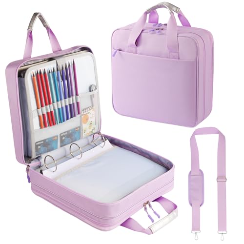 Reißverschlussbuch mit 3 Ringen mit Schultergurt, 5,1 cm O-Ringe, 500 Blatt Kapazität, Trapperhalter für Schule und Büro, Ordnertasche mit erweiterbarem Aktenordner und mehreren Taschen (lila) von Quoyiyo