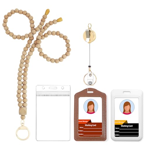 Schlüsselband mit Holzperlen für Ausweise, Boho-Lehrer-Schlüsselband für Schlüssel und Schlüsselanhänger mit einziehbarem Metallabzeichenhalter mit Clip, Abreißband für Frauen, Geschenk (braun-graue von Quprofa