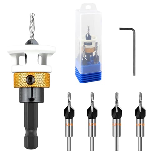 5 Stück Kegelsenker-Bohrer Set, Bohrsenker mit Tiefenanschlag, Einstellbare Tiefe Senkbohrer Werkzeug mit Sechskantschlüssel, Präzise Bohrungen Senker Satz für Holzverarbeitung, Spanplatten, MDF von Qurxuanwe