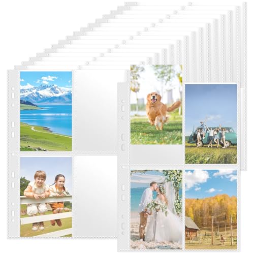 60Pcs 480 Taschen A6 Foto Hüllen für A4 2/3/4 Ringbuch, 4 Fächer Wasserdichte Klarsichthüllen A4, 11 Löcher Foto Klarsichtfolien,Transparente Photocard Sleeves für Sammelkarten,Postkarten Aufbewahrung von Qurxuanwe