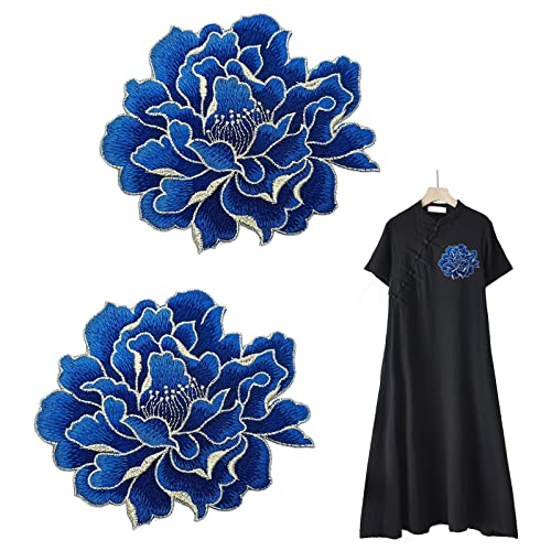 Qusmeiyici 2 x Pfingstrosen-Blumen-Aufnäher, bestickte Applikationen, für Kleidung, Rucksäcke, Nähen, groß (dunkelblau) von Qusmeiyici