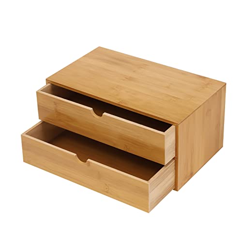 Qussse Schreibtisch Organizer mit Schublade, Holz Aufbewahrungsbox Schubladenbox aus Bambus für Büro Wohnzimmer und Schlafzimmer von Qussse