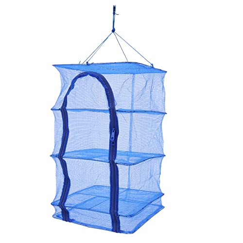 Qussse Trockennetz Kräuter Hängend, 4 Ebenen Faltbare Trocknungsnetz mit Zipper Kräutertrockner bis 8kg für Pflanze Gemüse Gewürze und Fleisch, Blau, 35x35x65cm von Qussse
