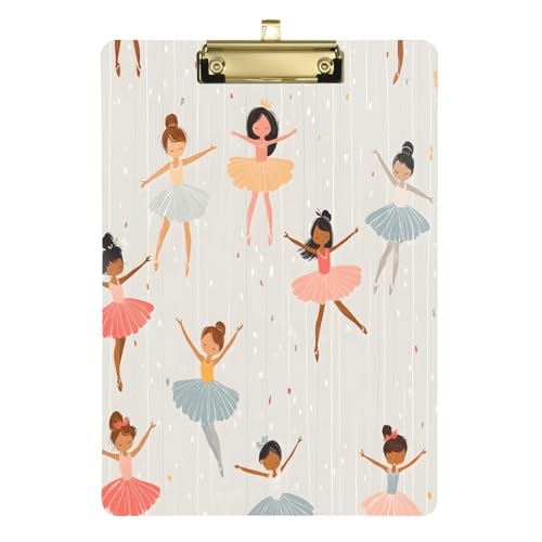Quteprint Acryl-Klemmbrett mit Cartoon-Ballett-Tänzerin, 22,9 x 31,8 cm, transparentes, kratzfestes Klemmbrett mit (goldfarben) Metallclip und Wandhaken, 0,6 cm dick, für Büro, Klassenzimmer von Quteprint