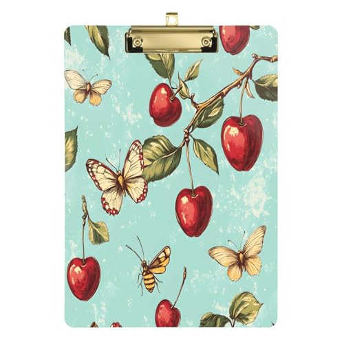 Quteprint Acryl-Klemmbrett mit Kirsch-Schmetterlings-Motiv, 22,9 x 31,8 cm, transparentes, kratzfestes Klemmbrett mit (goldfarben) Metallclip und Wandhaken, 0,6 cm dick, für Büro, Klassenzimmer von Quteprint