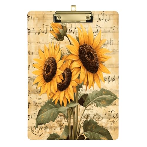 Quteprint Acryl-Klemmbrett mit Musiknoten, Sonnenblumen-Design, 22,9 x 31,8 cm, transparentes, kratzfestes Klemmbrett mit goldfarbenem Metallclip und Wandhaken, 0,6 cm dick, für Büro, Klassenzimmer von Quteprint