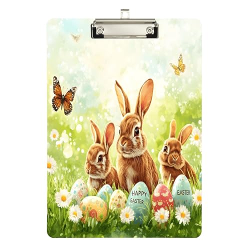 Quteprint Acryl-Klemmbrett mit Osterhasen, Blumen, Schmetterling, 22,9 x 31,8 cm, transparentes, kratzfestes Klemmbrett mit (silberfarbenem) Metallclip und Wandhaken, 0,6 cm dick, für Büro von Quteprint