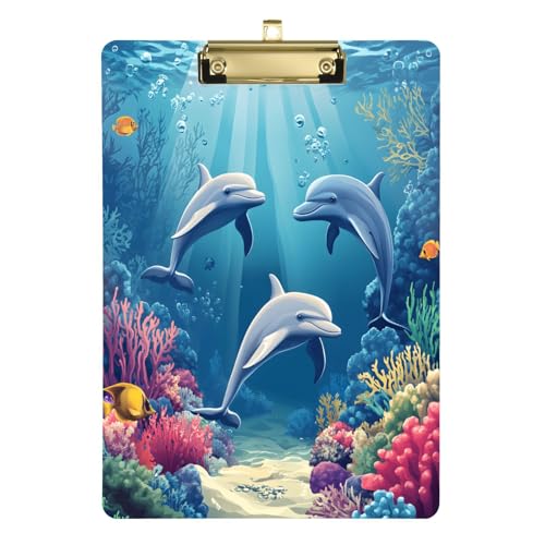 Quteprint Acryl-Klemmbrett mit Seefisch-Korallen-Delfinen, 22,9 x 31,8 cm, transparentes, kratzfestes Klemmbrett mit (goldfarben) Metallclip und Wandhaken, 0,6 cm dick, für Büro, Klassenzimmer von Quteprint