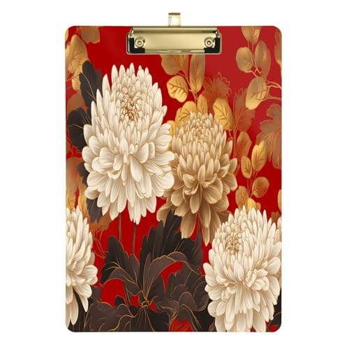 Quteprint Acryl-Klemmbrett mit floralem Chrysanthemen-Muster, 22,9 x 31,8 cm, transparentes, kratzfestes Klemmbrett mit (goldfarben) Metallclip und Wandhaken, 0,6 cm dick, für Büro, Klassenzimmer von Quteprint