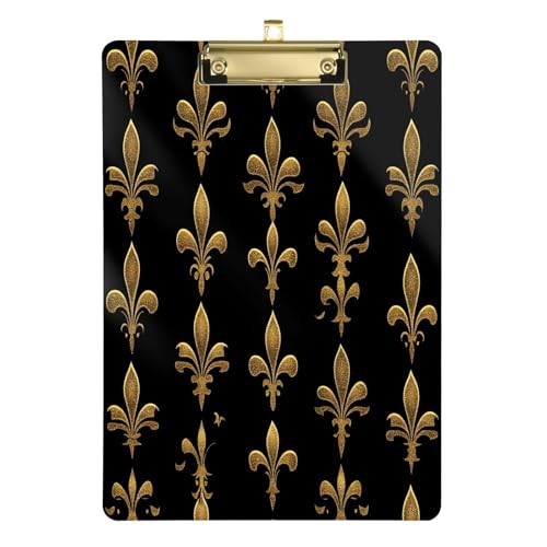 Quteprint Acryl-Klemmbrett mit goldfarbenem Glitzer, Fleur de Lis, 22,9 x 31,8 cm, transparentes, kratzfestes Klemmbrett mit (goldfarben) Metallclip und Wandhaken, 0,6 cm dick, für Büro, Klassenzimmer von Quteprint