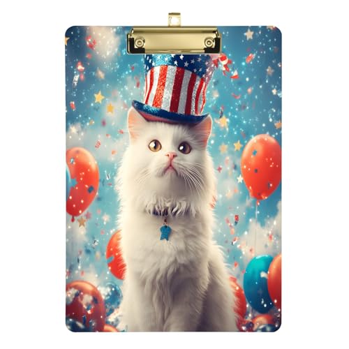 Quteprint American Holiday Cat Balloons Acryl-Klemmbrett, 22,9 x 31,8 cm, transparentes, kratzfestes Klemmbrett mit (goldfarben) Metallclip und Wandhaken, 0,6 cm dick, für Büro, Klassenzimmer von Quteprint