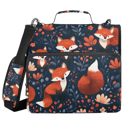 Quteprint Bindertasche mit Reißverschluss, Cartoon-Fuchs-Blumen, 3,8 cm, 3-Ringbuch und mehrere Taschen, 500 Blatt Kapazität, erweiterbarer Aktenordner mit Schultergurten und Griffen, für Schule von Quteprint