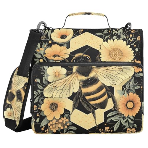 Quteprint Bindertasche mit Reißverschluss, Honigbiene, Blumen, Sechsecke, 3,8 cm, 3-Ringbuch und mehrere Taschen, 500 Blatt Kapazität, erweiterbarer Aktenordner mit Schultergurten und Griffen, für von Quteprint