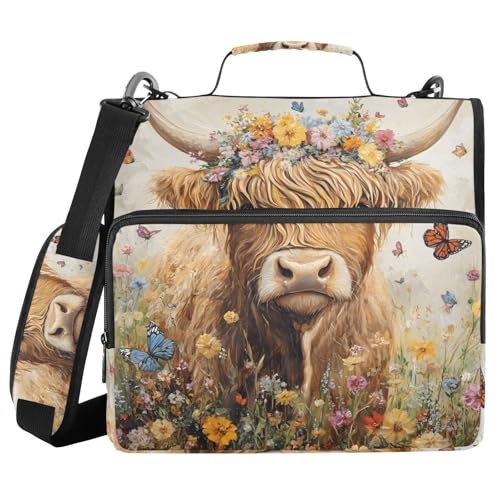 Quteprint Bindertasche mit Reißverschluss, Kuh, Schmetterling, Blumen, Kunst, Malerei, 3,8 cm, 3-Ringbuch und mehrere Taschen, 500 Blatt Kapazität, Fächermappe mit Schultergurten und Griffen, für Quteprint Bindertasche mit Reißverschluss, Kuh, Schmetterling, Blumen, Kunst, Malerei, 3,8 cm, 3-Ringbuch und mehrere Taschen, 500 Blatt Kapazität, Fächermappe mit Schultergurten und Griffen, für von Quteprint