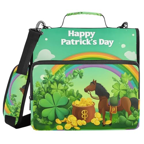 Quteprint Bindertasche mit Reißverschluss, St. Patricks Day, Regenbogenpferd, 3,8 cm, 3-Ringbuch und mehrere Taschen, 500 Blatt Kapazität, erweiterbarer Aktenordner mit Schultergurten und Griffen, für von Quteprint
