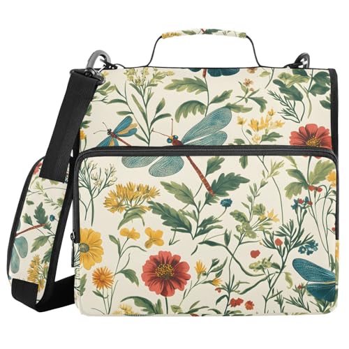 Quteprint Bindertasche mit Reißverschluss, Vintage-Stil, Libelle, Kräuter, Blumen, 3,8 cm, 3-Ringbuch und mehrere Taschen, 500 Blatt Kapazität, erweiterbarer Aktenordner mit Schultergurten und Griffen von Quteprint