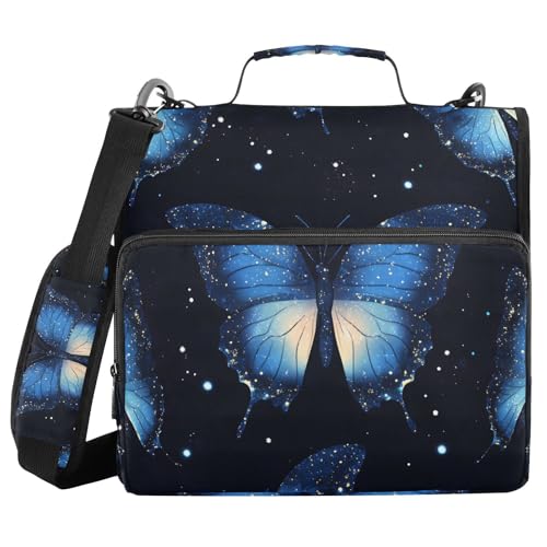 Quteprint Bindertasche mit Reißverschluss, blauer Schmetterling, Galaxie-Stern, 3,8 cm, 3-Ringbuch und mehrere Taschen, 500 Blatt Kapazität, erweiterbarer Aktenordner mit Schultergurten und Griffen von Quteprint