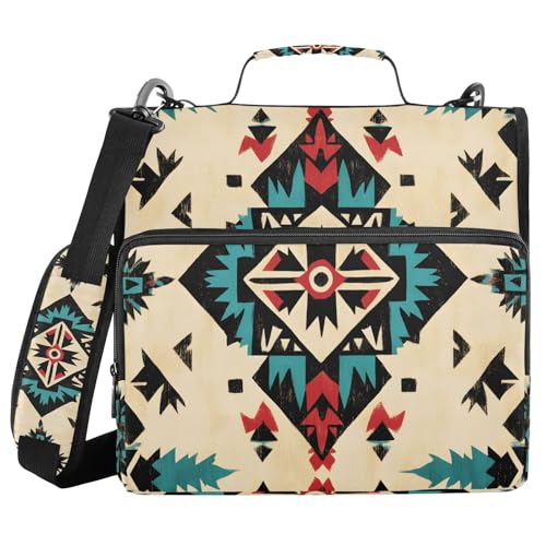 Quteprint Bindertasche mit Reißverschluss, ethnisches Aztekenmuster, 3,8 cm, 3-Ringbuch und mehrere Taschen, 500 Blatt Kapazität, erweiterbarer Aktenordner mit Schultergurten und Griffen, für Schule von Quteprint