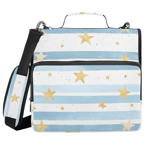 Quteprint Bindertasche mit Reißverschluss, gestreiftes Sternenmuster, 3,8 cm, 3-Ringbuch und mehrere Taschen, 500 Blatt Kapazität, erweiterbarer Aktenordner mit Schultergurten und Griffen, für Schule von Quteprint