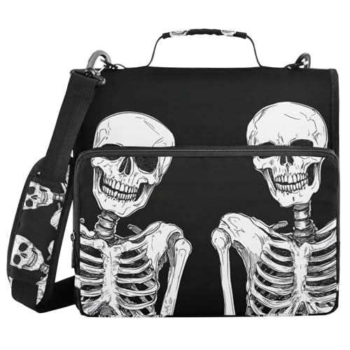 Quteprint Bindertasche mit Reißverschluss, lustige zwei Skelette, Totenkopf, 3,8 cm, 3-Ringbuch und mehrere Taschen, 500 Blatt Kapazität, erweiterbarer Aktenordner mit Schultergurten und Griffen, für von Quteprint